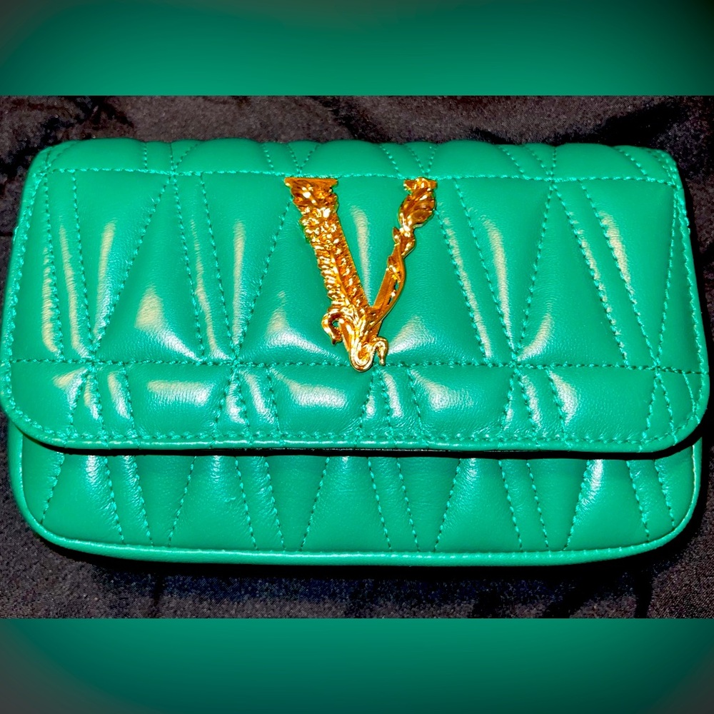 VERSACE VIRTUS MINI QUILTED LEATHER CROSSBODY BAG GREEN